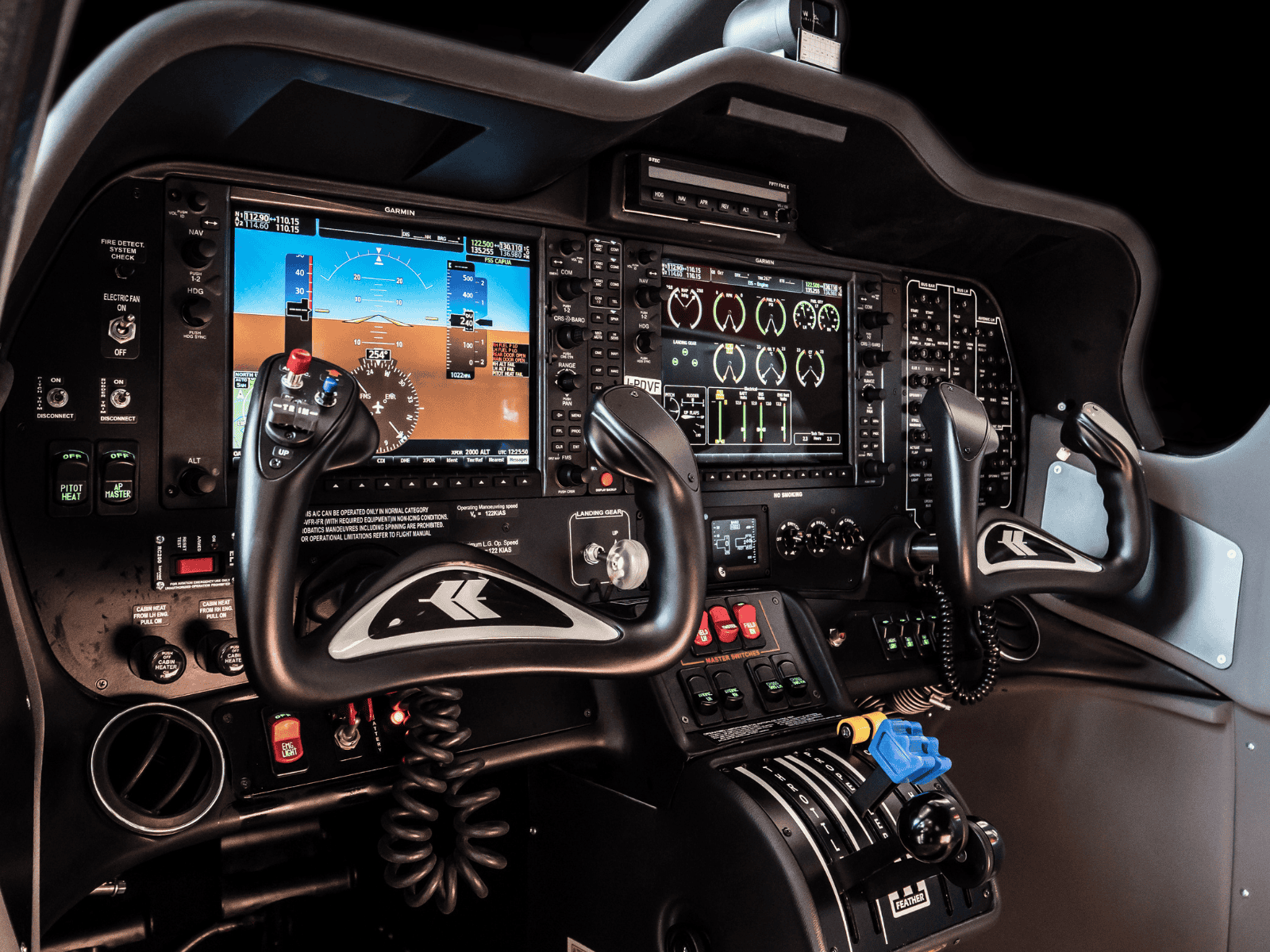 Aircraft cockpit with advanced instrument panels.