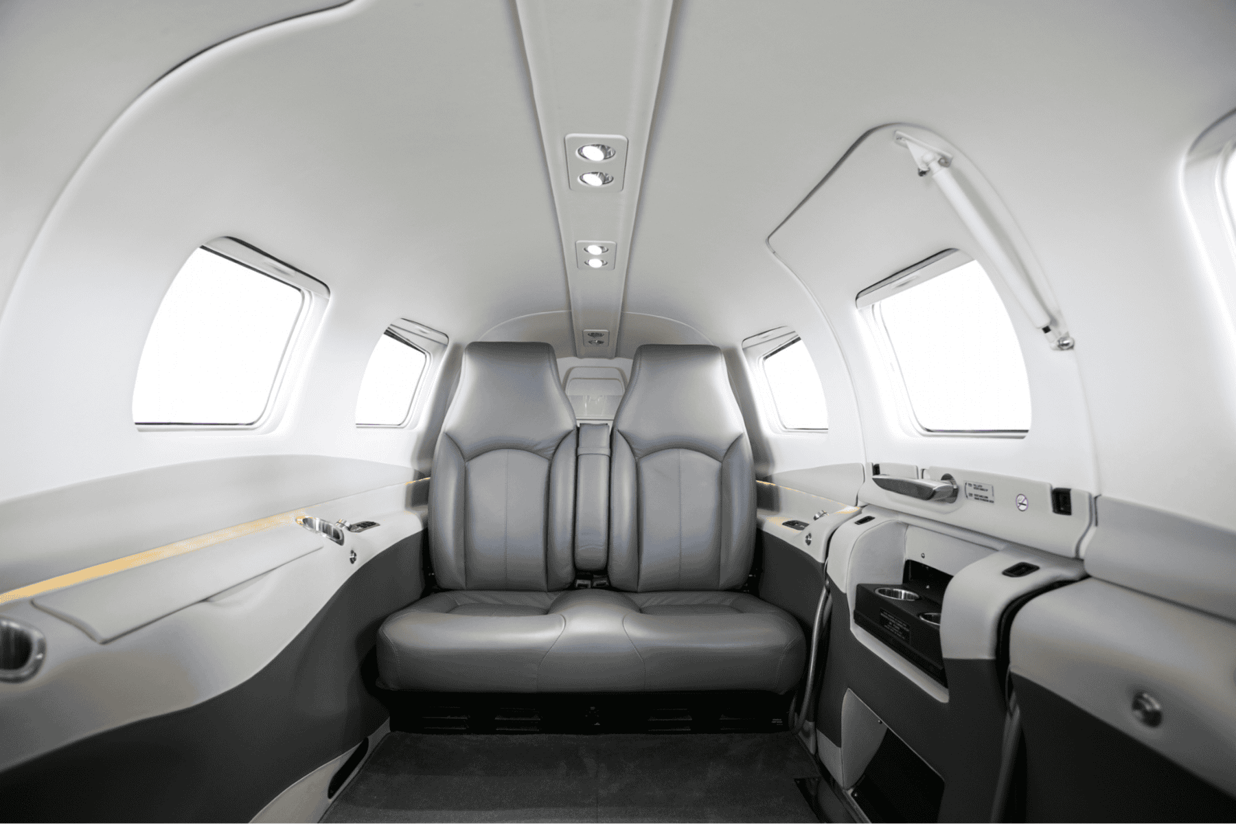 Luxury private jet interior with leather seats