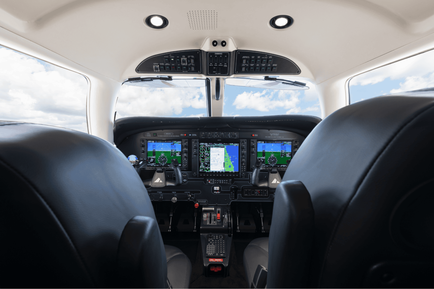 Cockpit interior with controls and flight instruments