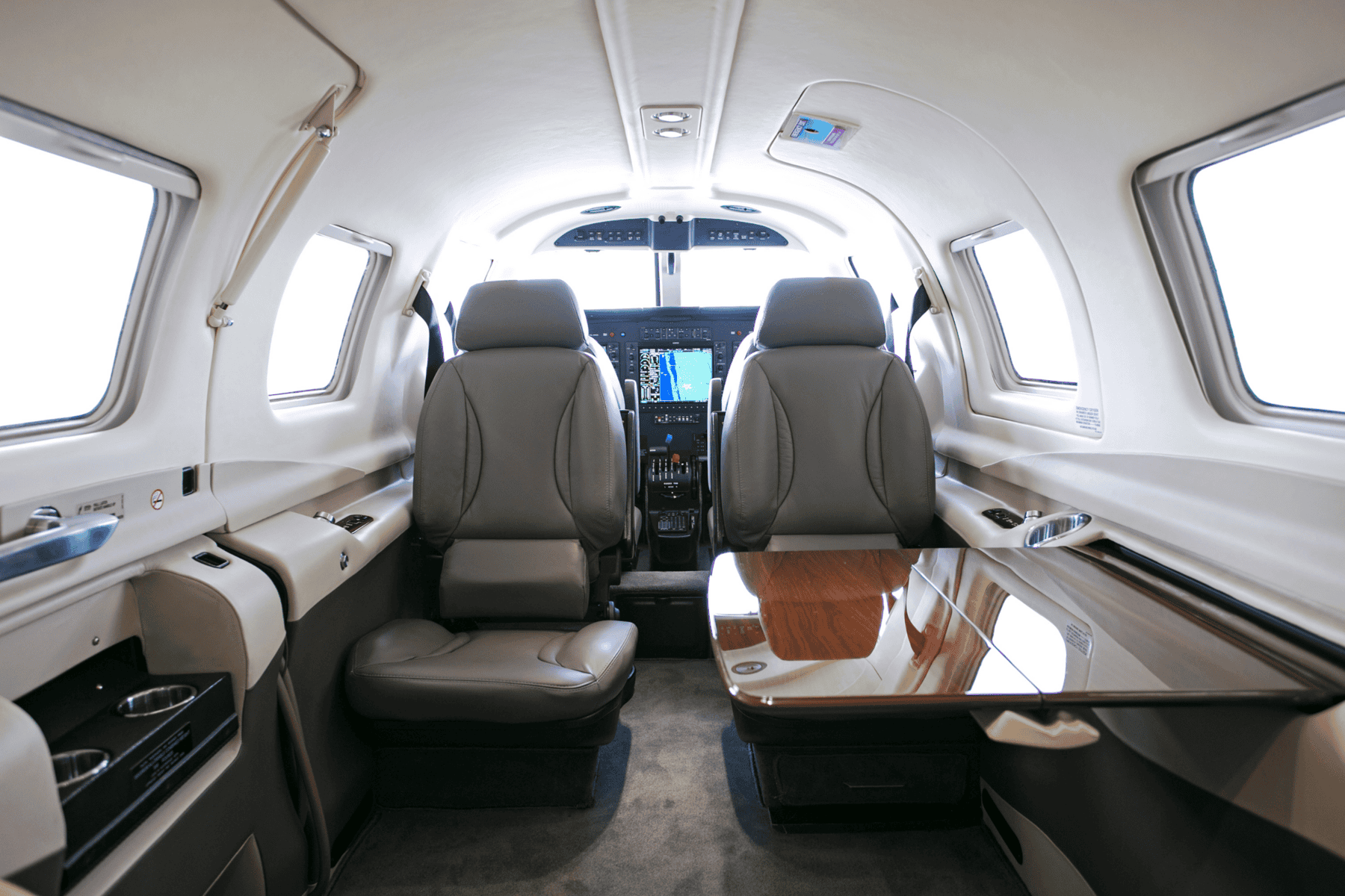 Luxury private jet interior cockpit view.